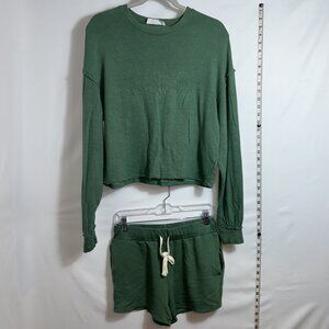 Double Zero olive green frayed hem cropped sweatshirt and short set S